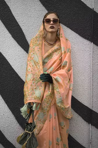 Peach silk blend Handloom Weaving Work Saree