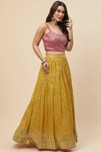  mustard sequins georgette haldi lehenga set choli with dupatta
