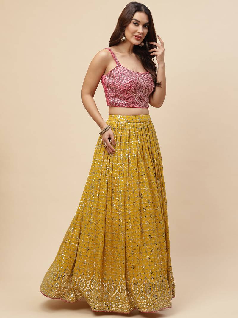 Lovely Mustard Sequins Georgette Haldi Wear Lehenga Choli