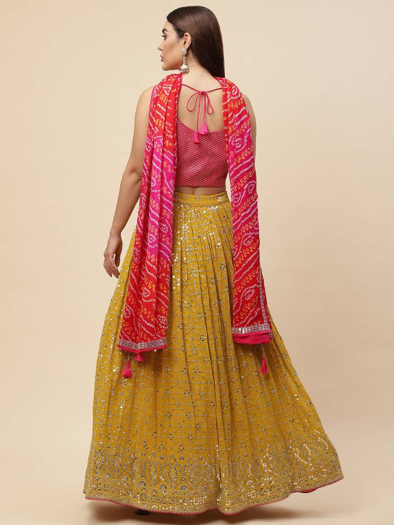 Lovely Mustard Sequins Georgette Haldi Wear Lehenga Choli