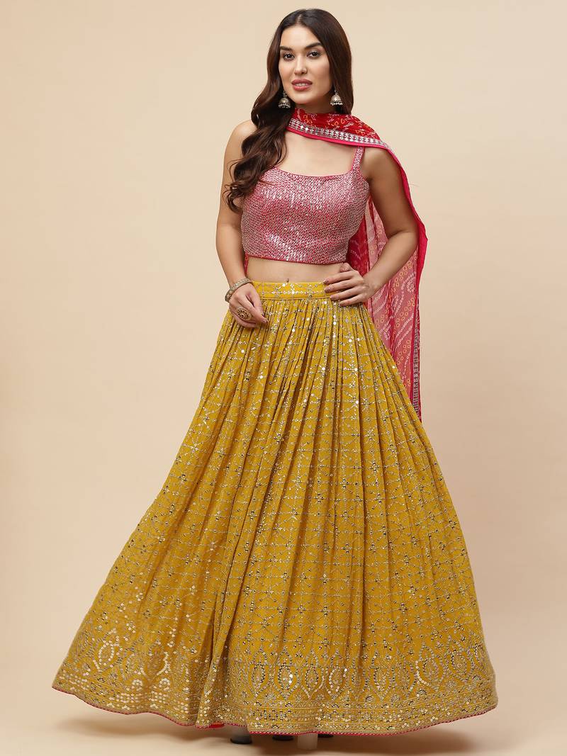 Lovely Mustard Sequins Georgette Haldi Wear Lehenga Choli
