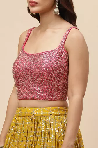  mustard sequins georgette haldi lehenga set choli with dupatta