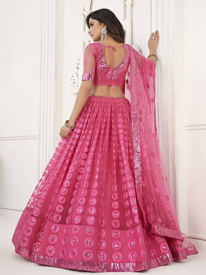 Astonishing Pink Sequins Net Reception Wear Wear Lehenga Choli