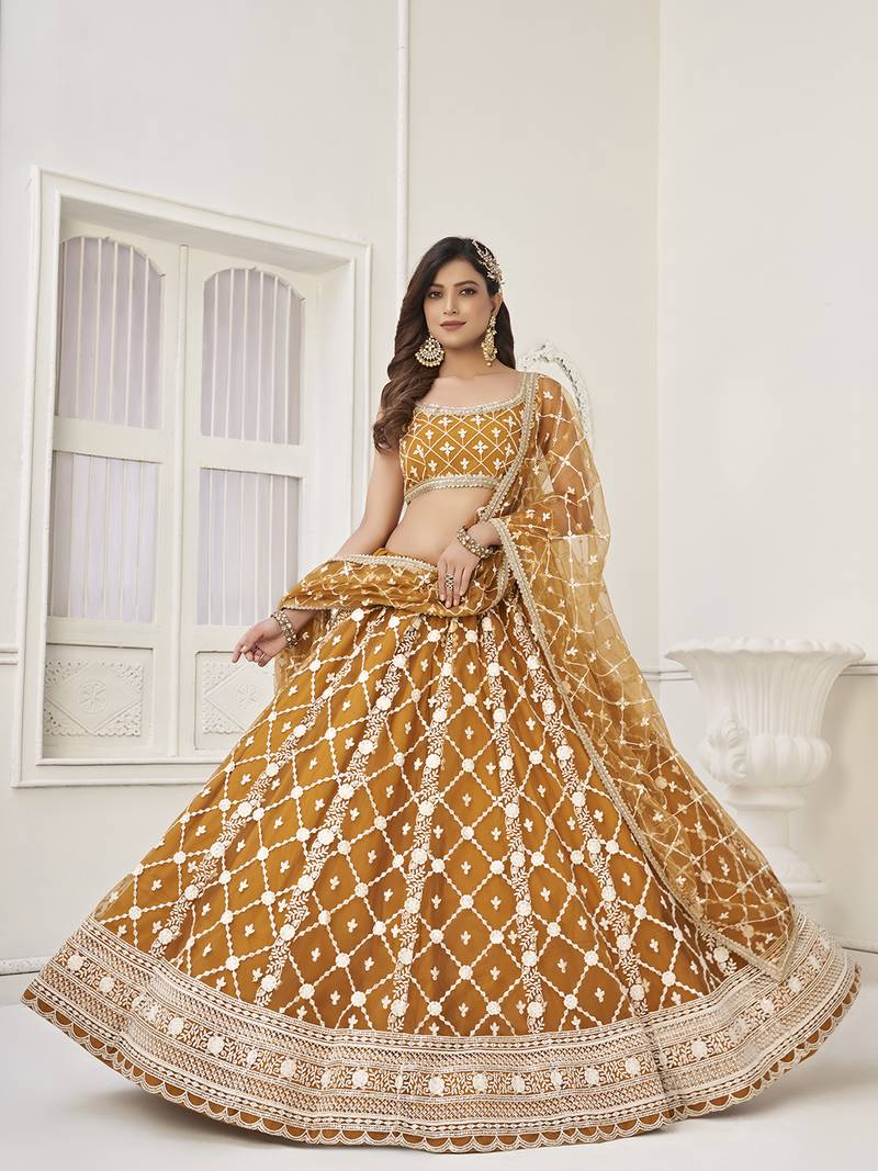 Stunning Brown Thread Work Net Wedding Wear Lehenga Choli