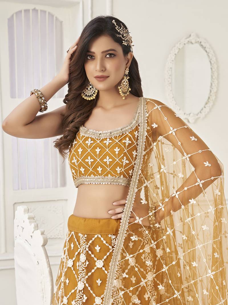 Stunning Brown Thread Work Net Wedding Wear Lehenga Choli