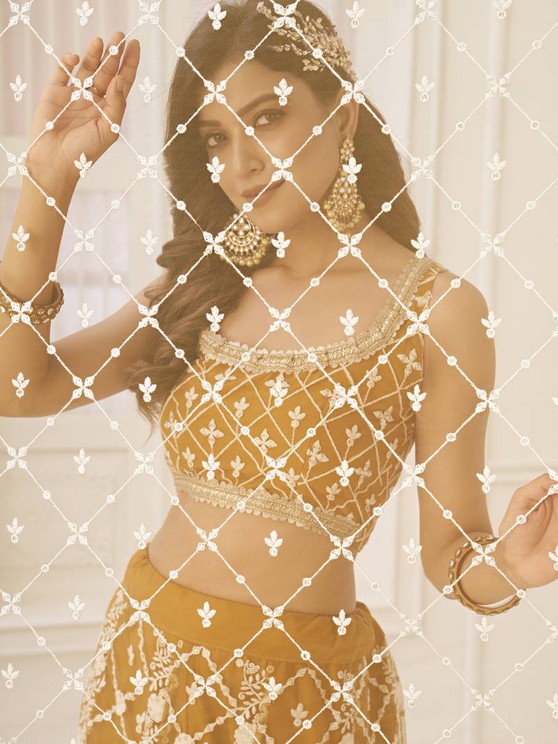 Stunning Brown Thread Work Net Wedding Wear Lehenga Choli