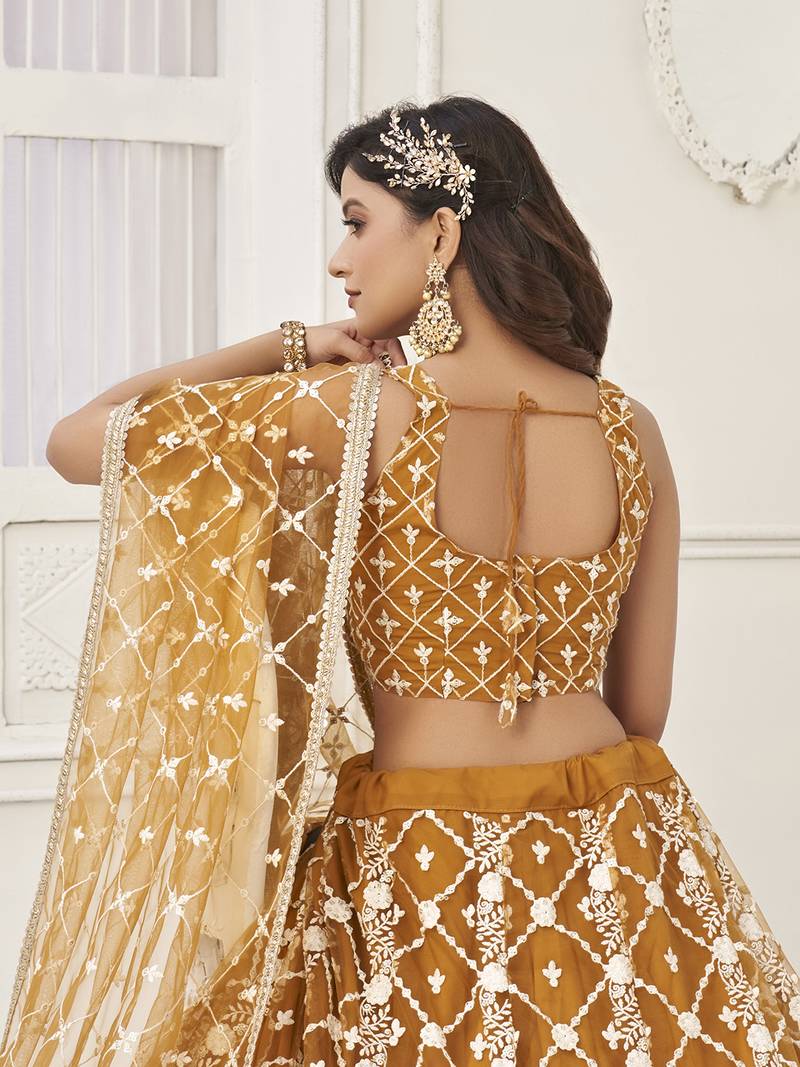 Stunning Brown Thread Work Net Wedding Wear Lehenga Choli