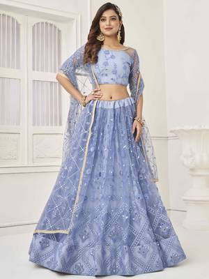 Gorgeous Light Blue Embroidered Net Engagement Wear Lehenga Choli 1