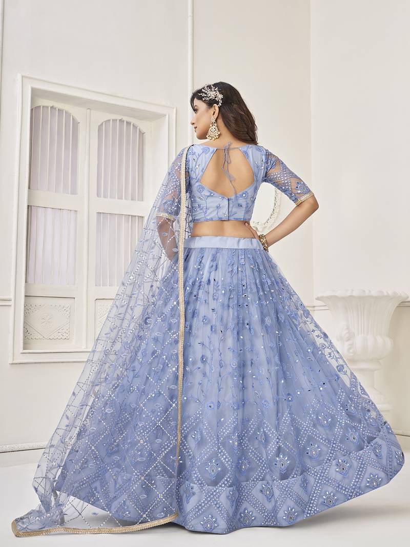 Gorgeous Light Blue Embroidered Net Engagement Wear Lehenga Choli