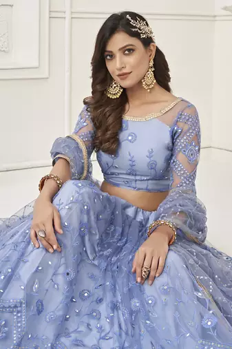 Gorgeous Light Blue Embroidered Net Engagement Wear Lehenga Choli