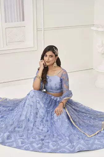 Gorgeous Light Blue Embroidered Net Engagement Wear Lehenga Choli