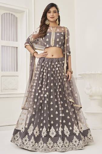 Enchanting Grey Embroidered Net Lehenga Choli With Dupatta