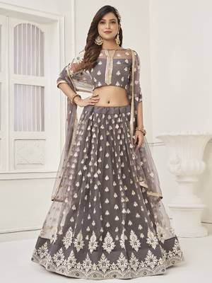 grey embroidered net lehenga set choli with dupatta with dupatta 1