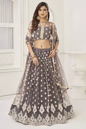 grey embroidered net lehenga set choli with dupatta with dupatta