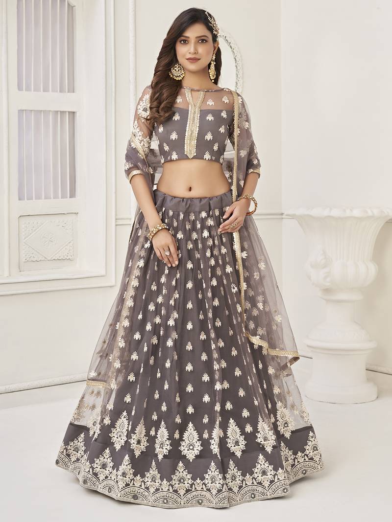 Enchanting Grey Embroidered Net Lehenga Choli With Dupatta