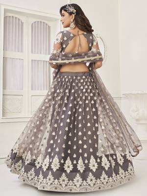 grey embroidered net lehenga set choli with dupatta with dupatta 3