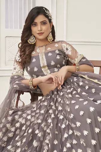 grey embroidered net lehenga set choli with dupatta with dupatta