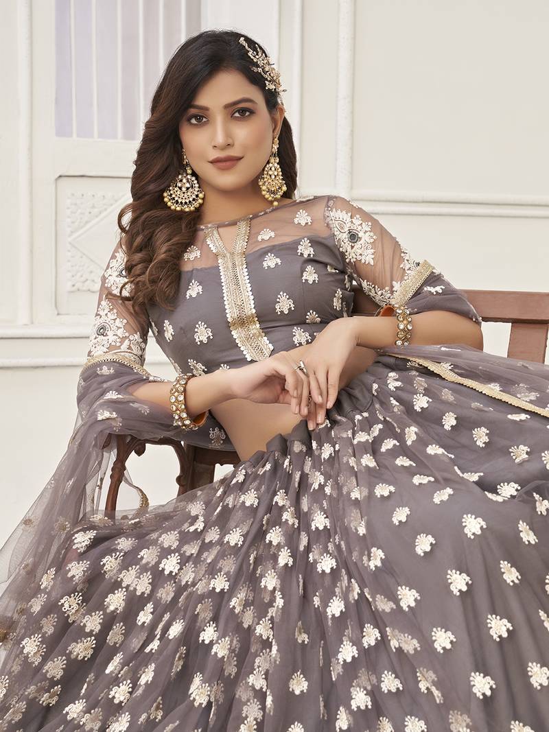 Enchanting Grey Embroidered Net Lehenga Choli With Dupatta