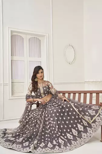 grey embroidered net lehenga set choli with dupatta with dupatta