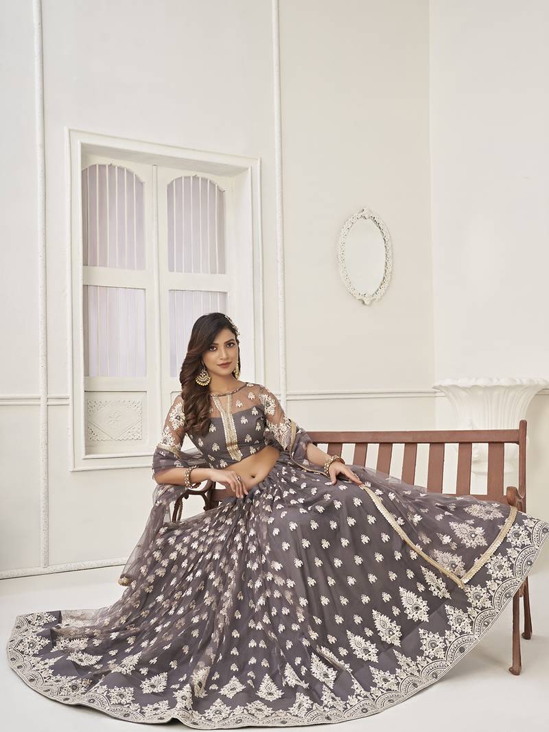 Enchanting Grey Embroidered Net Lehenga Choli With Dupatta