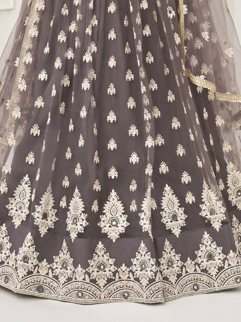 Enchanting Grey Embroidered Net Lehenga Choli With Dupatta