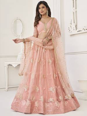 fascinating peach sequin net lehenga set choli with dupatta with dupatta 2
