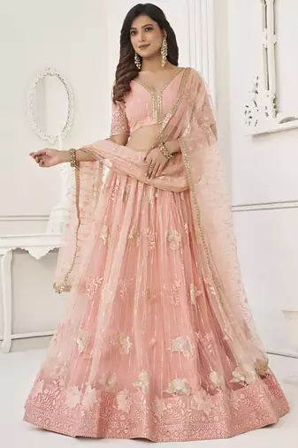 fascinating peach sequin net lehenga set choli with dupatta with dupatta