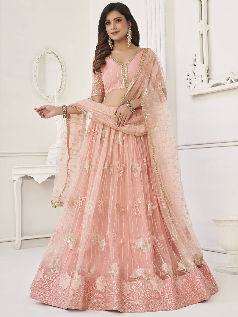 Fascinating Peach Sequin Net Bridesmaid Lehenga Choli With Dupatta