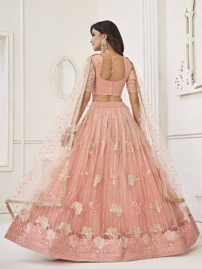 Fascinating Peach Sequin Net Bridesmaid Lehenga Choli With Dupatta