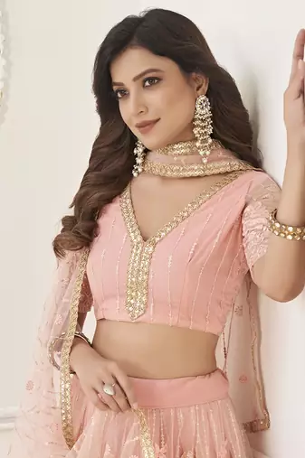 fascinating peach sequin net lehenga set choli with dupatta with dupatta