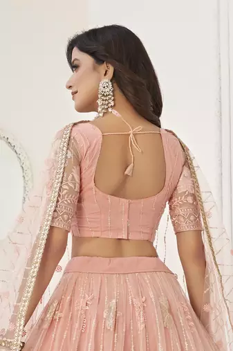 fascinating peach sequin net lehenga set choli with dupatta with dupatta