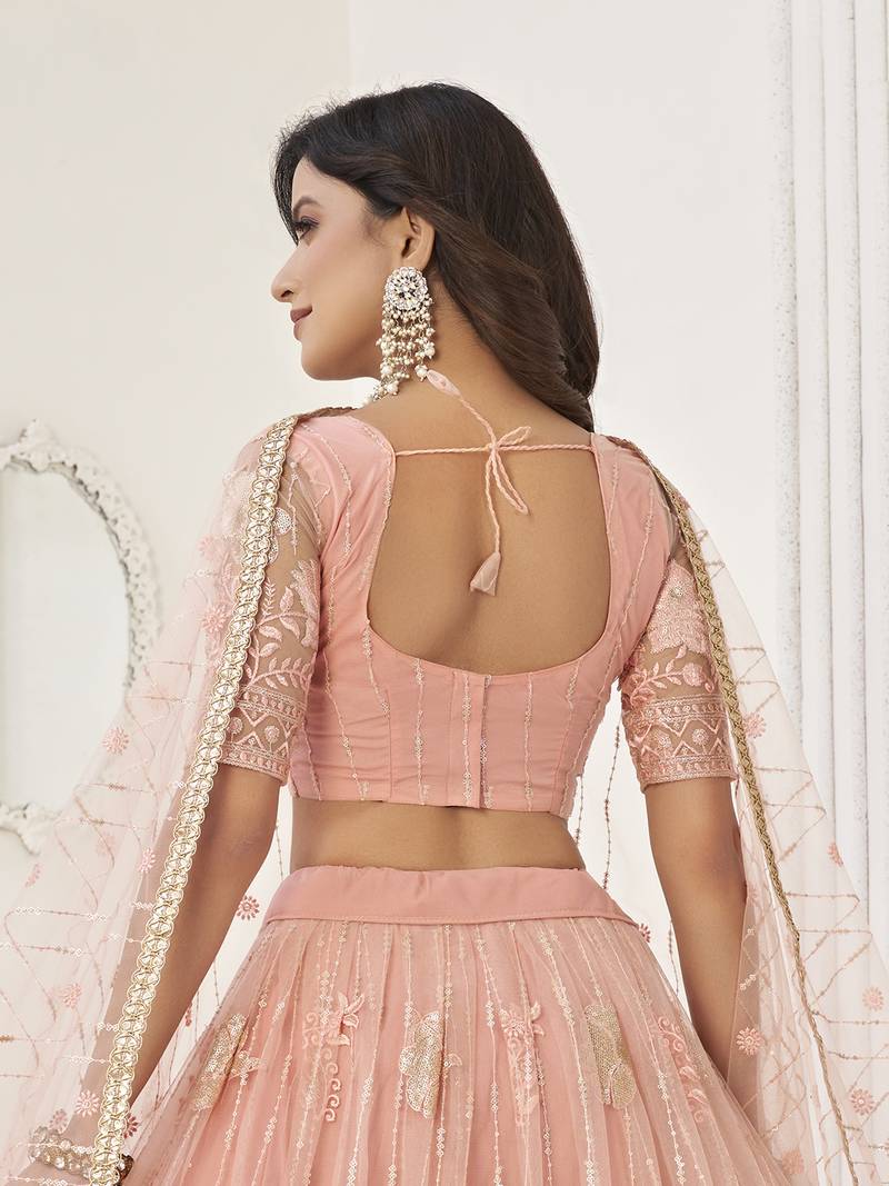 Fascinating Peach Sequin Net Bridesmaid Lehenga Choli With Dupatta