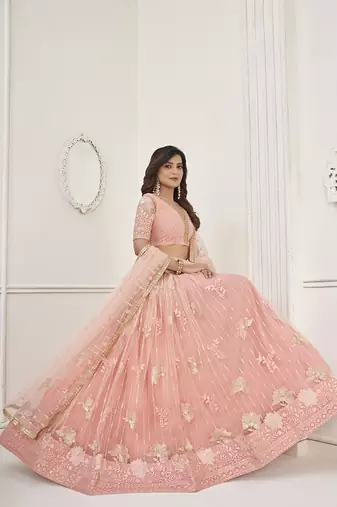 fascinating peach sequin net lehenga set choli with dupatta with dupatta