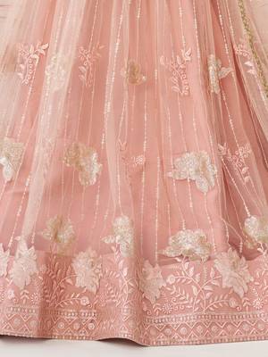 fascinating peach sequin net lehenga set choli with dupatta with dupatta 7