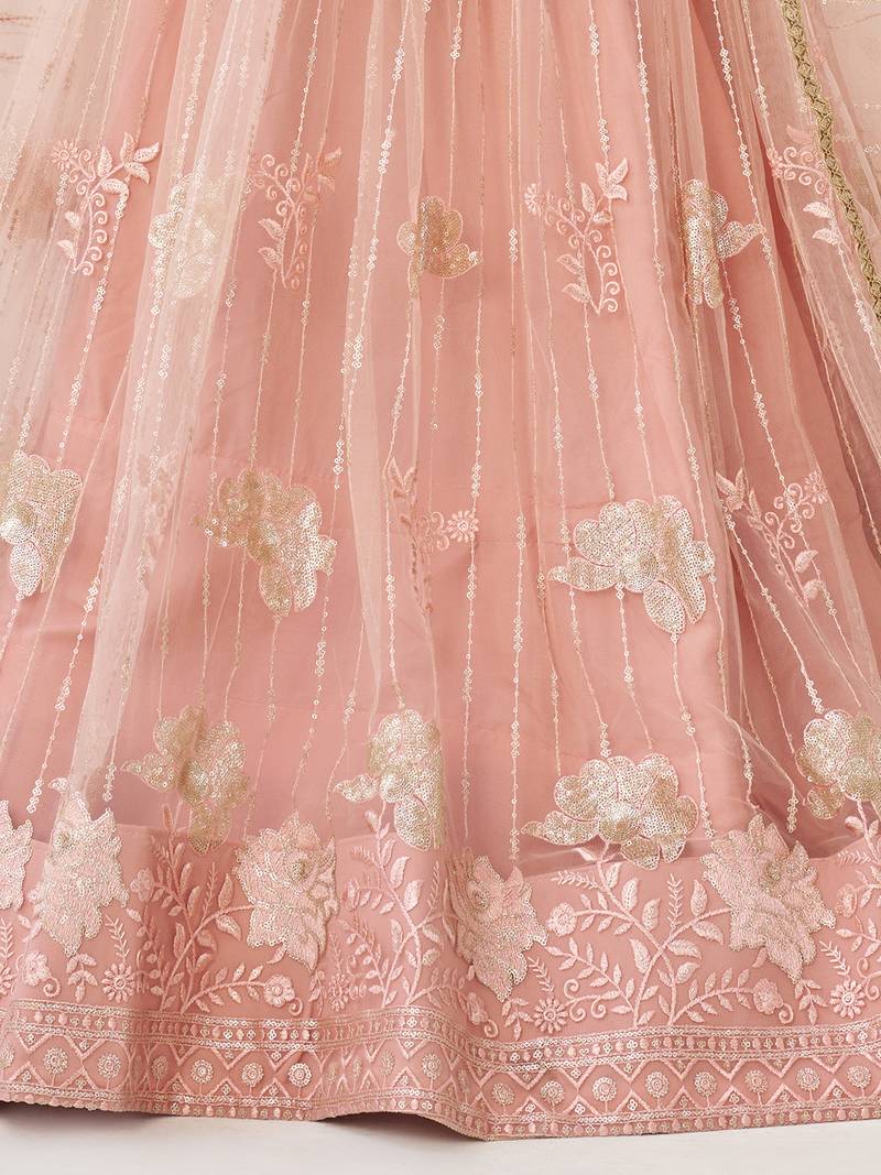 Fascinating Peach Sequin Net Bridesmaid Lehenga Choli With Dupatta