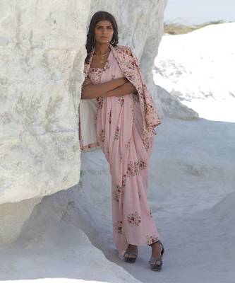Carnation Pink Saree Set With Jacket 1