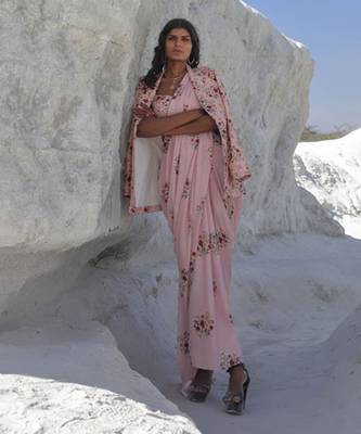 Carnation Pink Saree Set With Jacket 2
