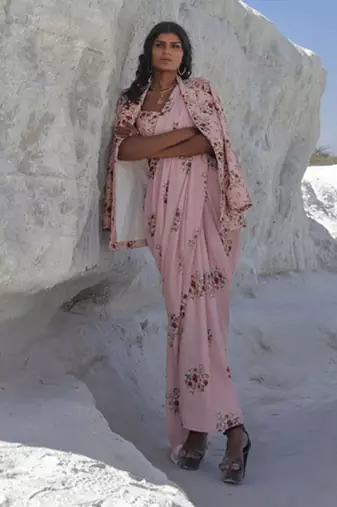 Carnation Pink Saree Set With Jacket