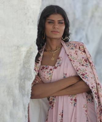 Carnation Pink Saree Set With Jacket 3