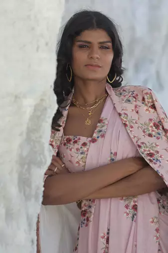 Carnation Pink Saree Set With Jacket