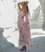 Carnation Pink Linen Floral Printed Pre Stitched Saree Set