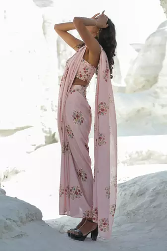 Carnation Pink Linen Floral Printed Pre Stitched Saree Set