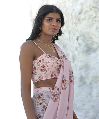 Carnation Pink Linen Floral Printed Pre Stitched Saree Set 3
