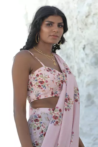 Carnation Pink Linen Floral Printed Pre Stitched Saree Set