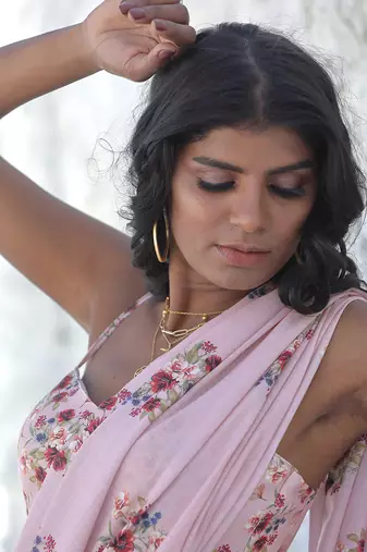 Carnation Pink Linen Floral Printed Pre Stitched Saree Set
