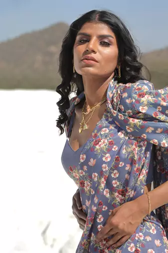 Persian Blue Saree Set With Jacket