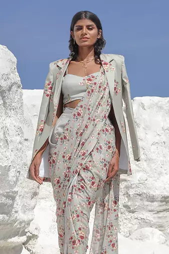 Laurel Green Saree Set With Jacket