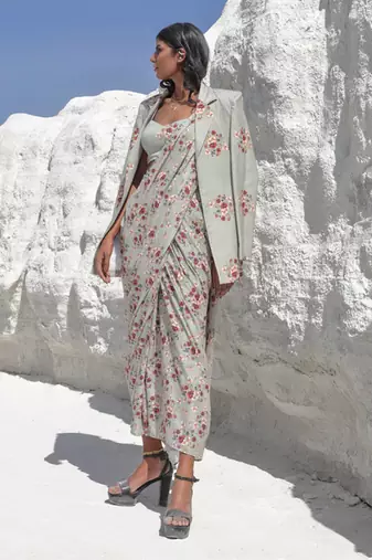 Laurel Green Saree Set With Jacket
