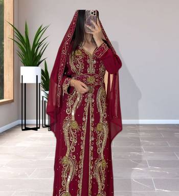 Luxurious Maroon Kaftan Gown with Gold Zari Work | Wedding & Formal Event Wear 1