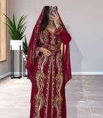 Maroon Georgette Zari Embroidered Moroccan Kaftan with Head Scarf